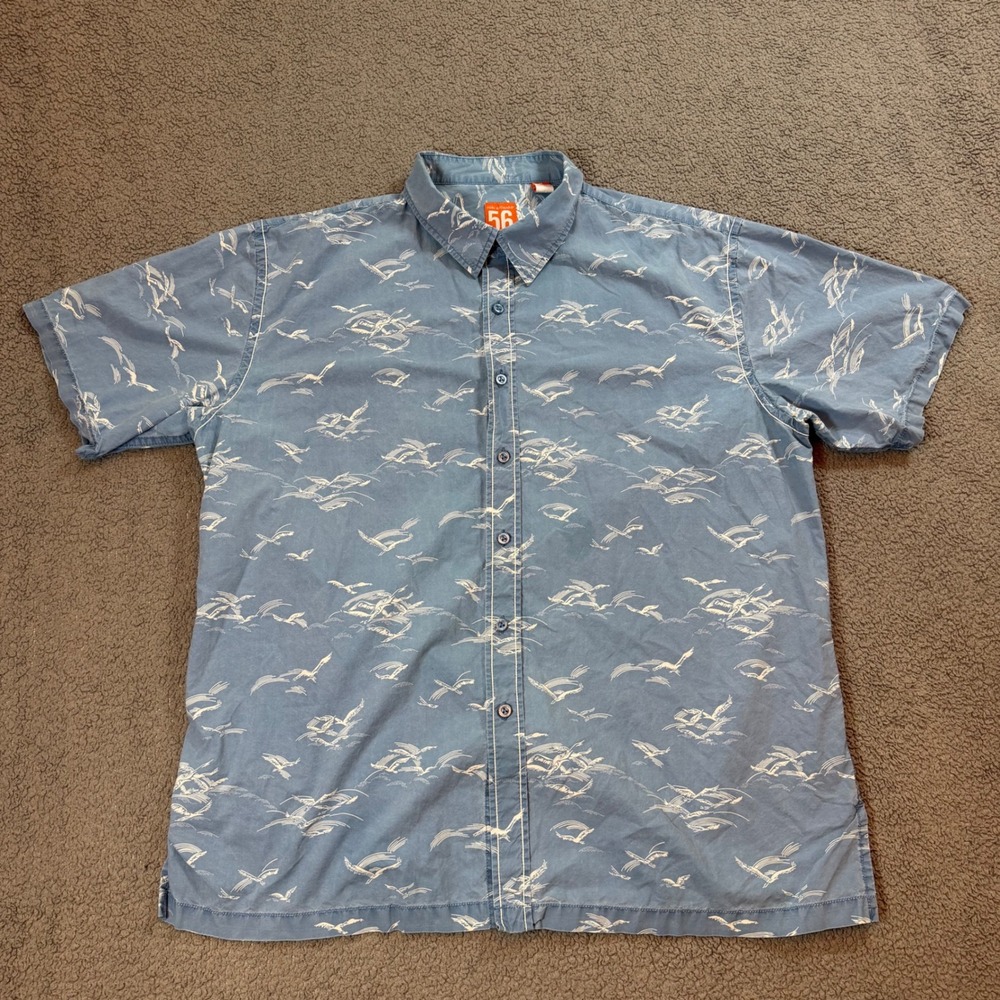 Tori Richard Honolulu 56 Mens XL Blue Cotton Bird Print Short Sleeve Button Down
